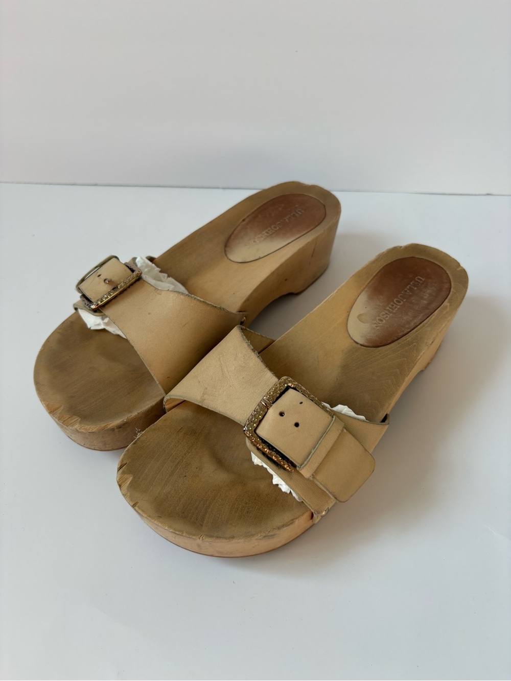Ulla Johnson 10 Mule Slide Sandal Cream Leather Buckle Wood Platform Boho Sicily